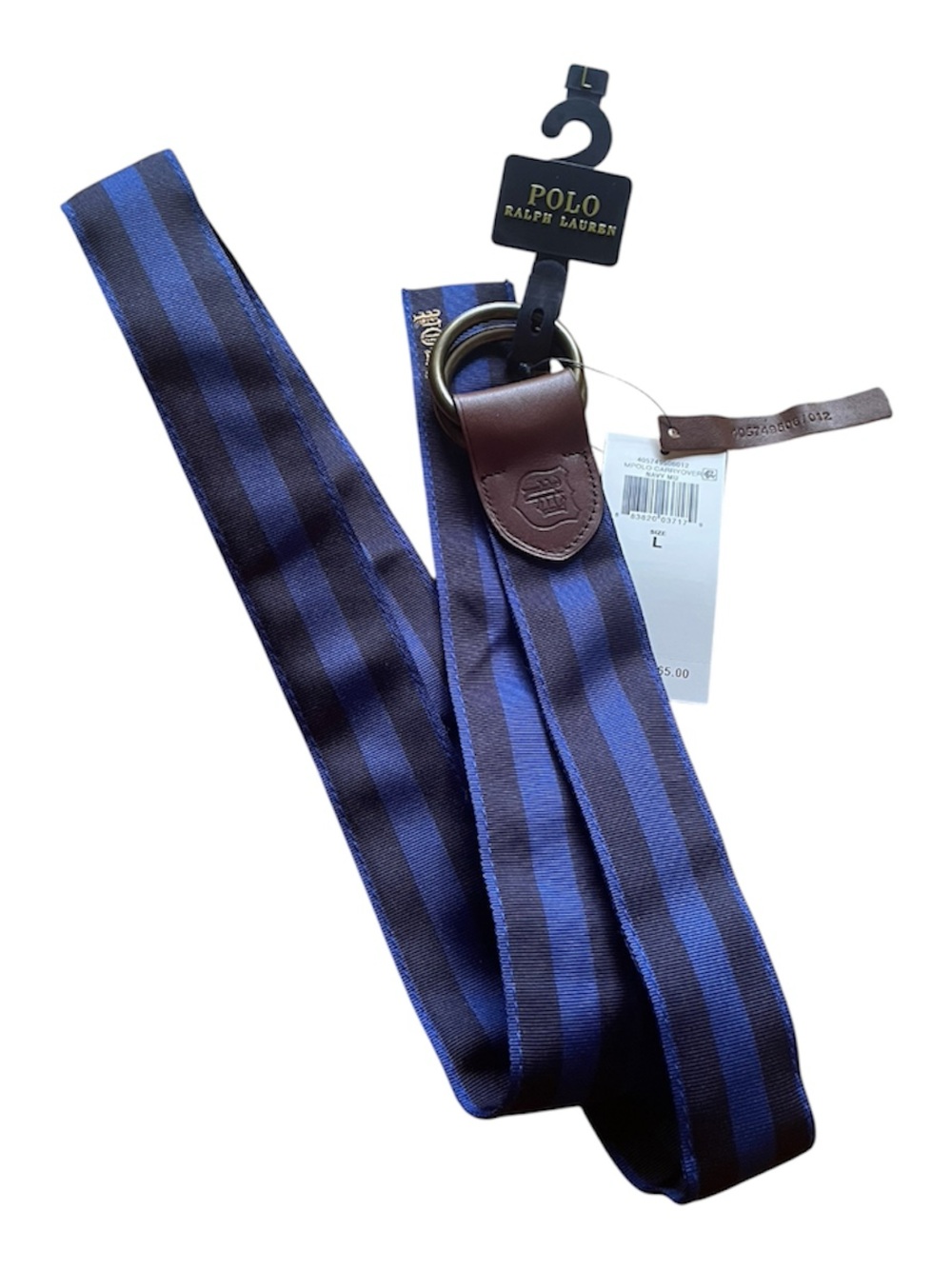NWT Polo Ralph Lauren Striped Preppy Leather Cotton Belt Blue White Size Large